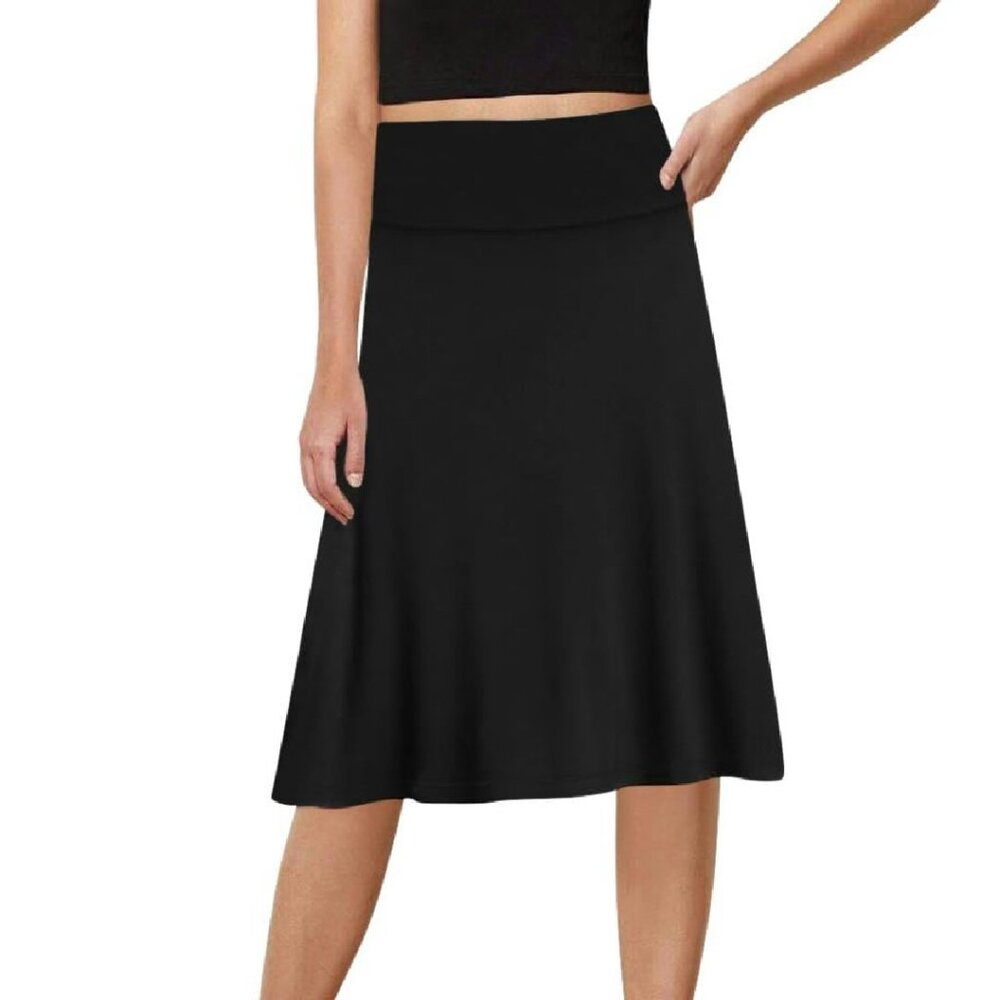 High Waist A-Line Midi Skirt, Rayon/Spandex Blend, Flowy Flared Style